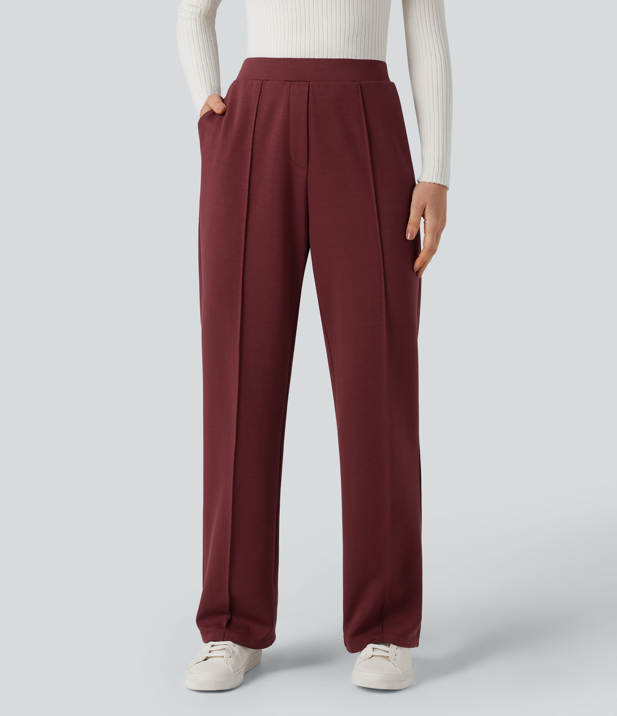 High Waisted Straight Leg Work Trousers with Pockets — Zinfandel — view 4