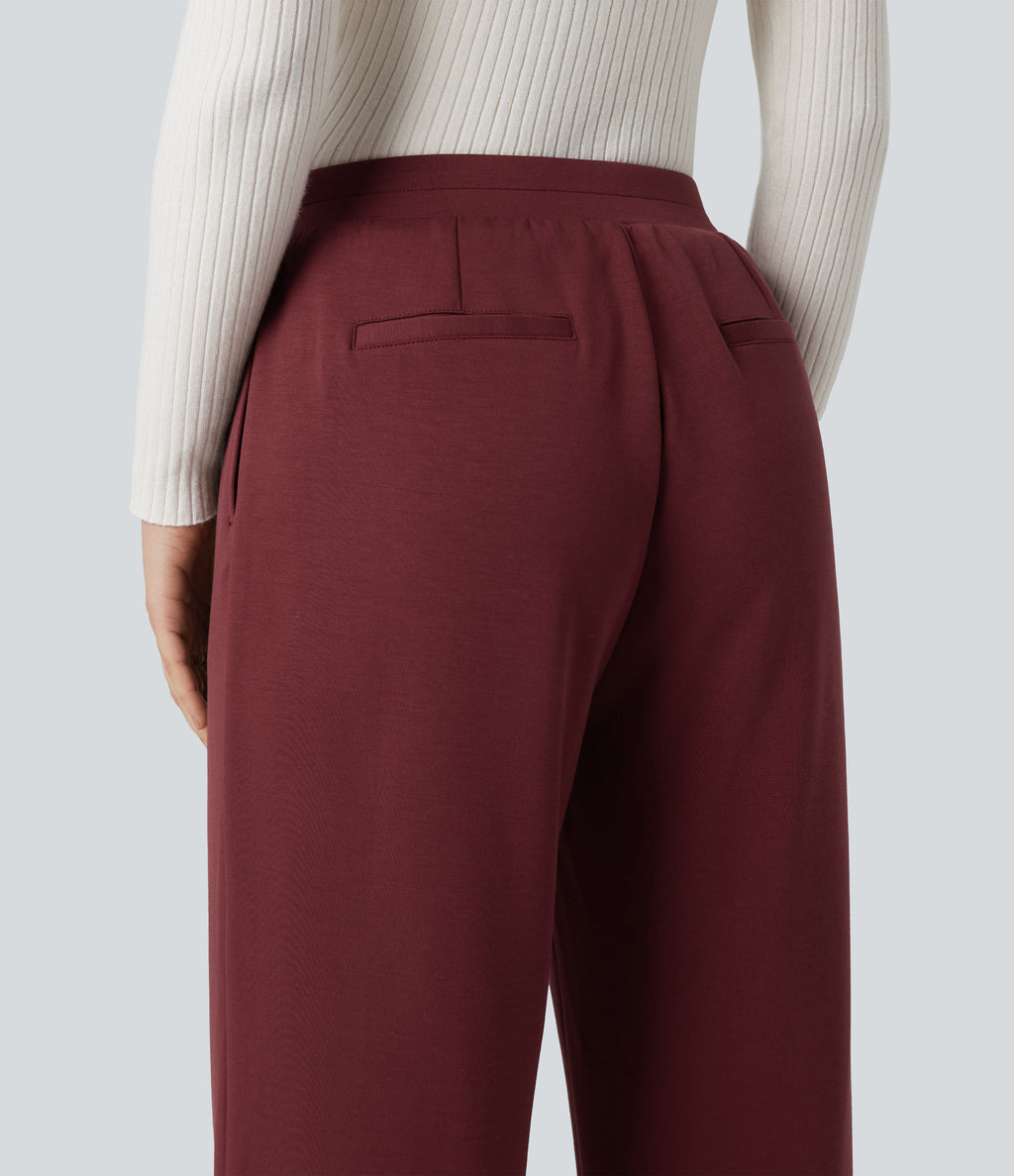 High Waisted Straight Leg Work Trousers with Pockets — Zinfandel — view 6