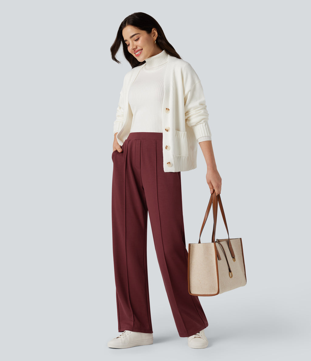 High Waisted Straight Leg Work Trousers with Pockets — Zinfandel — view 1