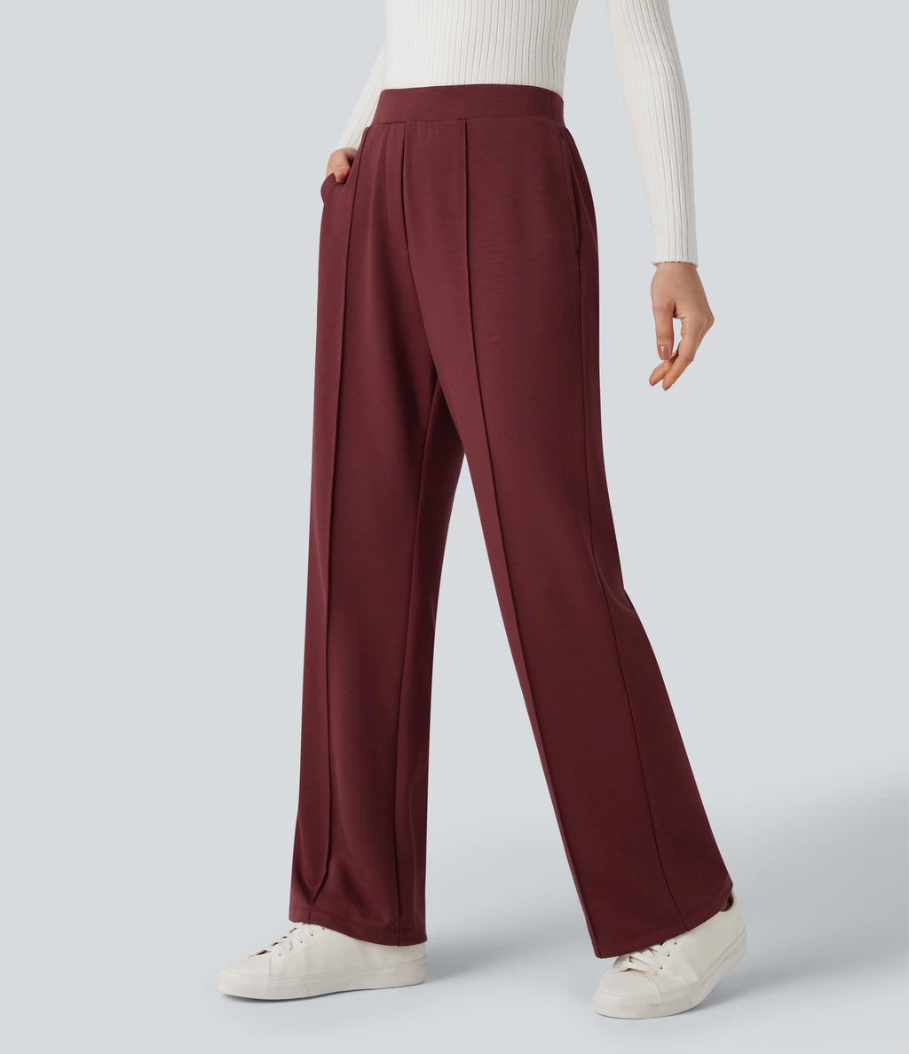 High Waisted Straight Leg Work Trousers with Pockets — Zinfandel — view 3
