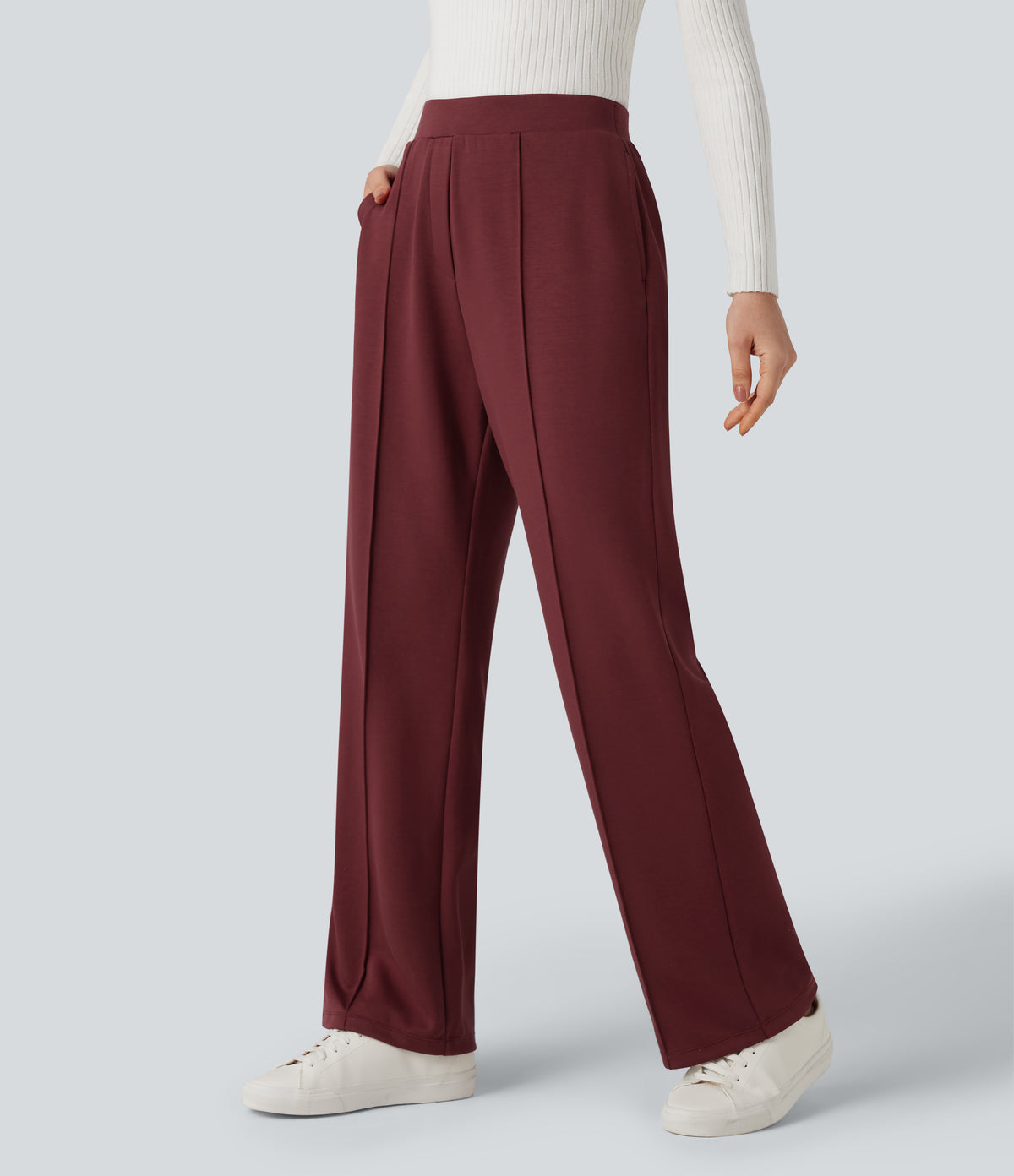 High Waisted Straight Leg Work Trousers with Pockets — Zinfandel — view 3