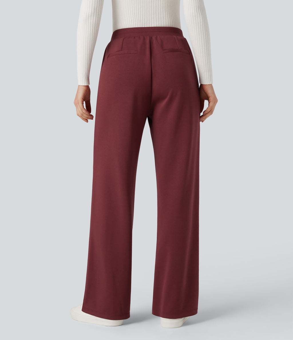 High Waisted Straight Leg Work Trousers with Pockets — Zinfandel — view 2