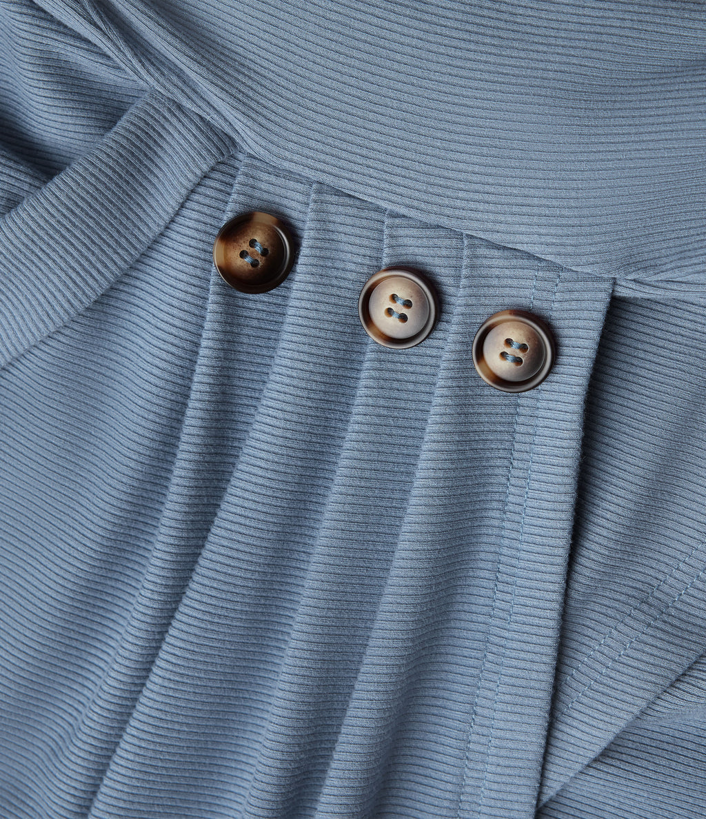 Ribbed Knit V-neck Crossover Long Sleeve Work Top — Faded Denim — view 6