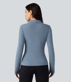 Ribbed Knit V-neck Crossover Long Sleeve Work Top — Faded Denim — view 3