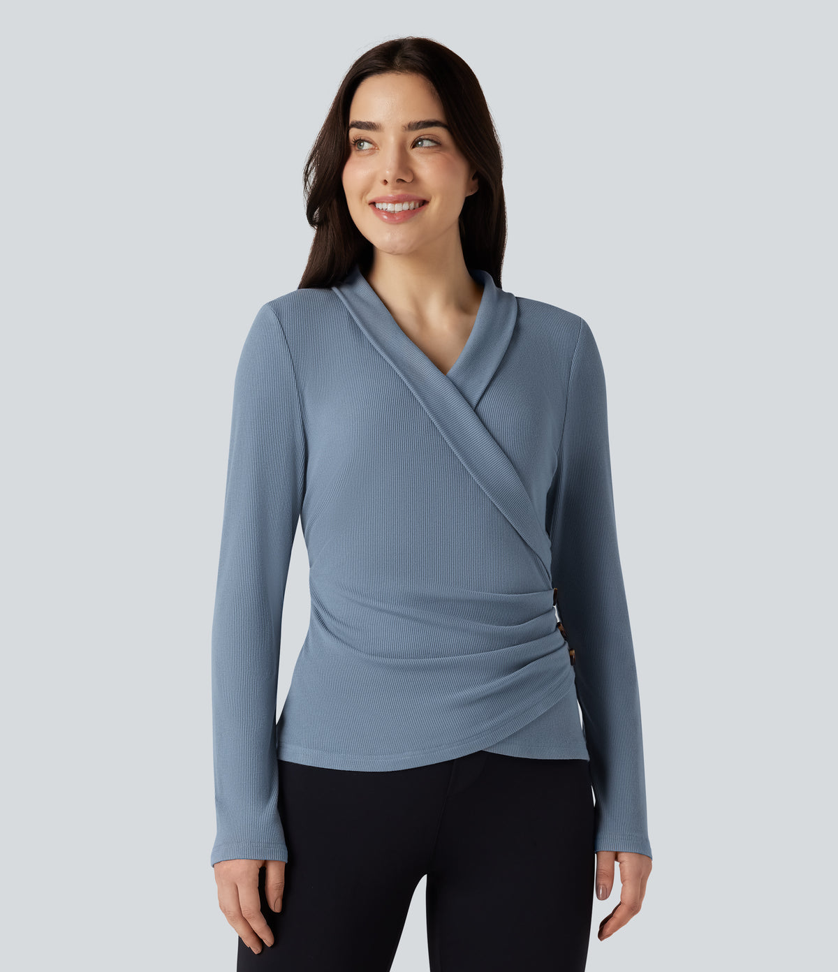 Ribbed Knit V-neck Crossover Long Sleeve Work Top — Faded Denim — view 2