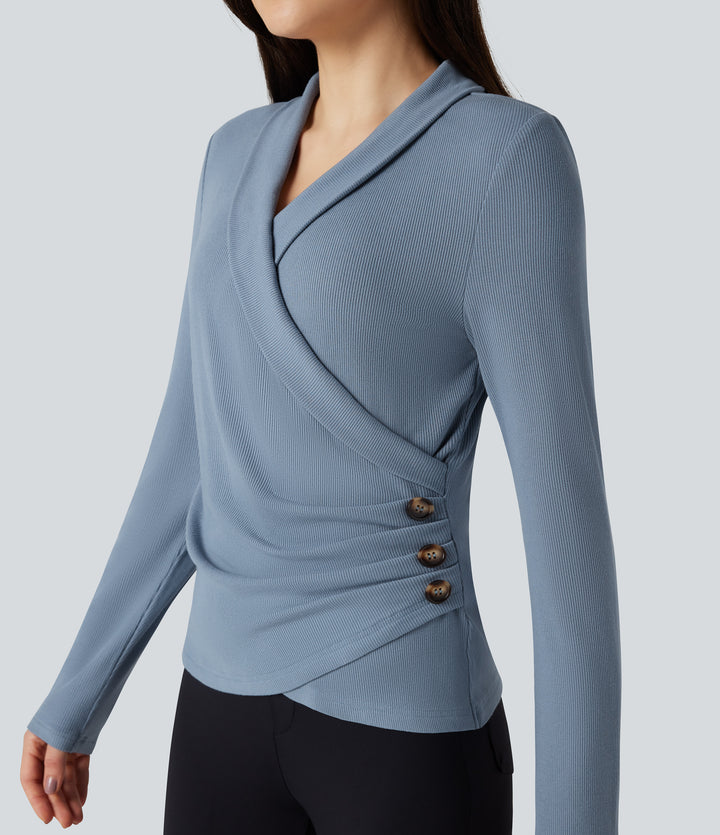 Ribbed Knit V-neck Crossover Long Sleeve Work Top — Faded Denim — view 1