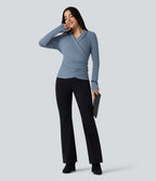 Ribbed Knit V-neck Crossover Long Sleeve Work Top — Faded Denim — view 5