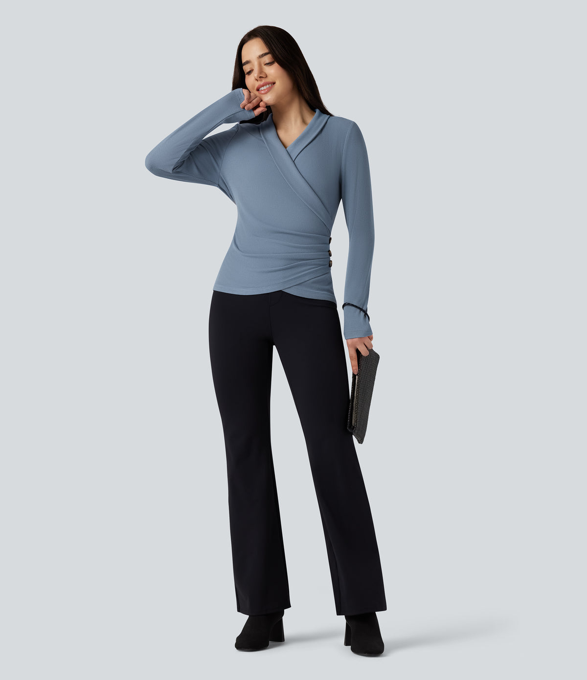 Ribbed Knit V-neck Crossover Long Sleeve Work Top — Faded Denim — view 5