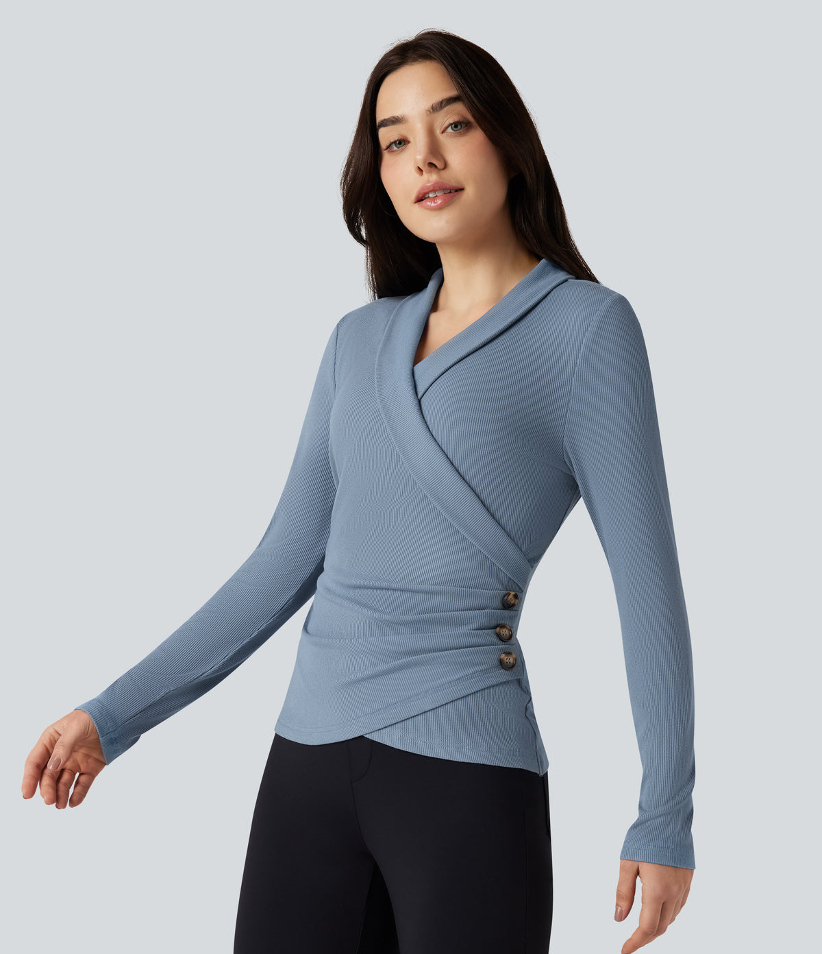 Ribbed Knit V-neck Crossover Long Sleeve Work Top — Faded Denim — view 4