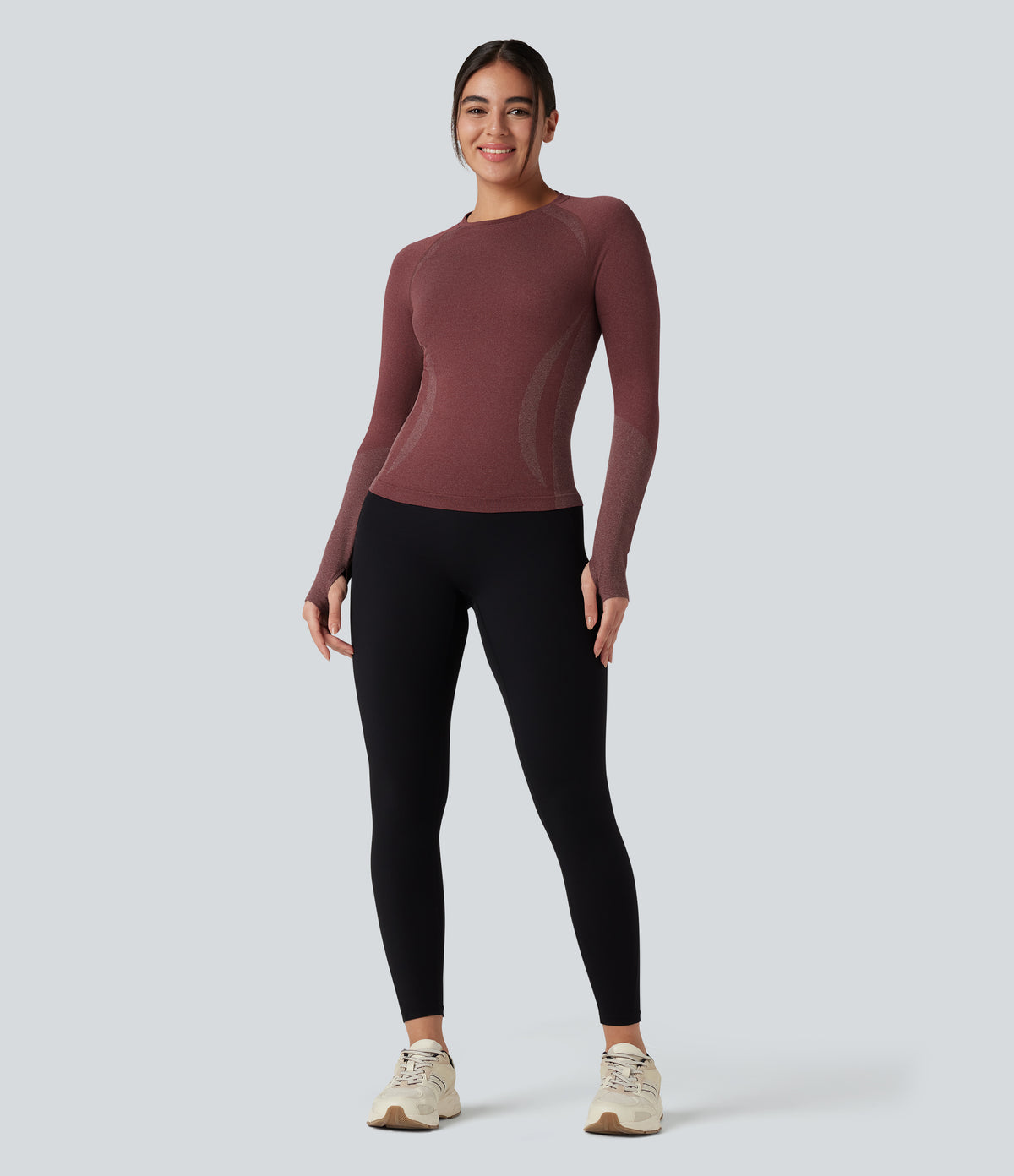 OneForm Seamless Flow Raglan Long Sleeve Thumb Holes Yoga Sports Top — New Maroon — view 7