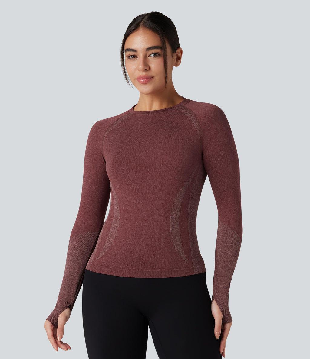 OneForm Seamless Flow Raglan Long Sleeve Thumb Holes Yoga Sports Top — New Maroon — view 2