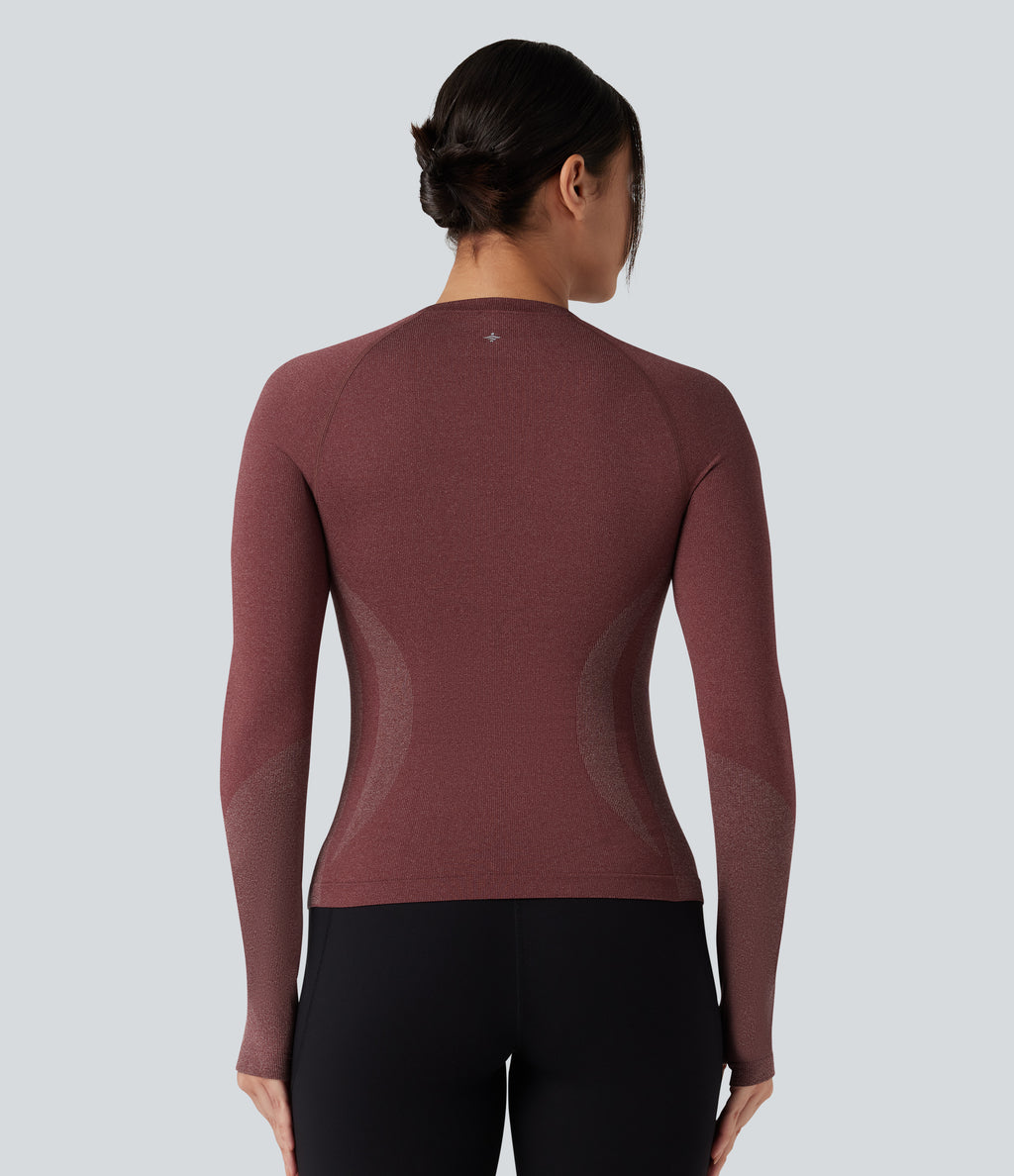 OneForm Seamless Flow Raglan Long Sleeve Thumb Holes Yoga Sports Top — New Maroon — view 3