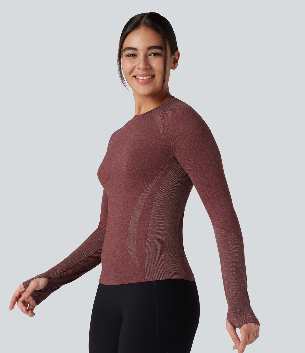 OneForm Seamless Flow Raglan Long Sleeve Thumb Holes Yoga Sports Top — New Maroon — view 4