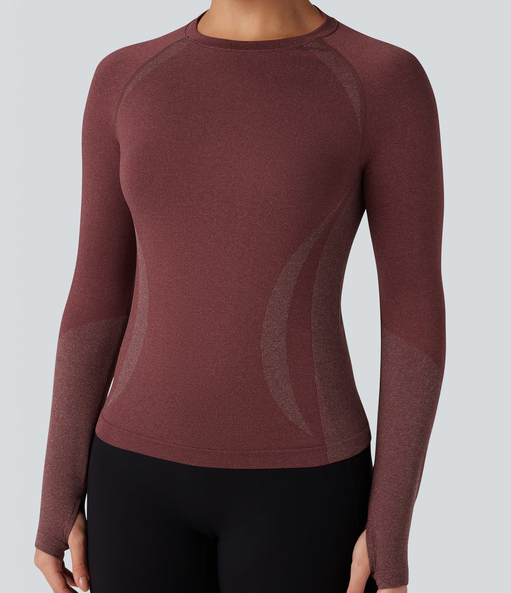 OneForm Seamless Flow Raglan Long Sleeve Thumb Holes Yoga Sports Top — New Maroon — view 1
