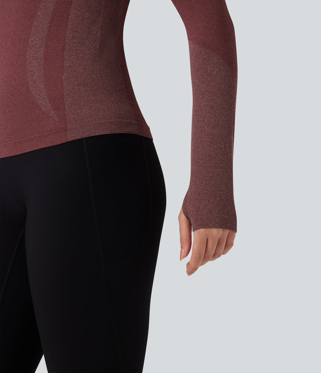 OneForm Seamless Flow Raglan Long Sleeve Thumb Holes Yoga Sports Top — New Maroon — view 6