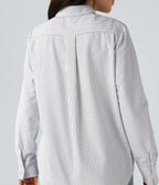 Collar Long Sleeve Curved Hem Stripes Relaxed Casual Shirt — Light Black White Stripe — view 5