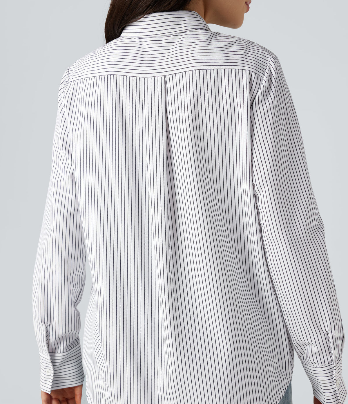 Collar Long Sleeve Curved Hem Stripes Relaxed Casual Shirt — Light Black White Stripe — view 5