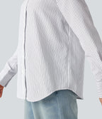 Collar Long Sleeve Curved Hem Stripes Relaxed Casual Shirt — Light Black White Stripe — view 6
