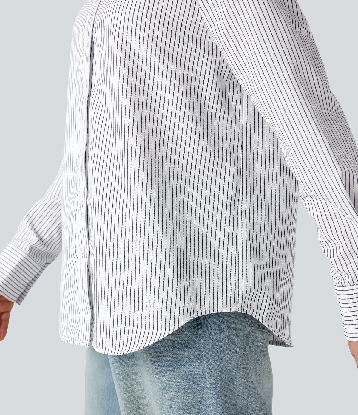 Collar Long Sleeve Curved Hem Stripes Relaxed Casual Shirt — Light Black White Stripe — view 6