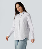 Collar Long Sleeve Curved Hem Stripes Relaxed Casual Shirt — Light Black White Stripe — view 8