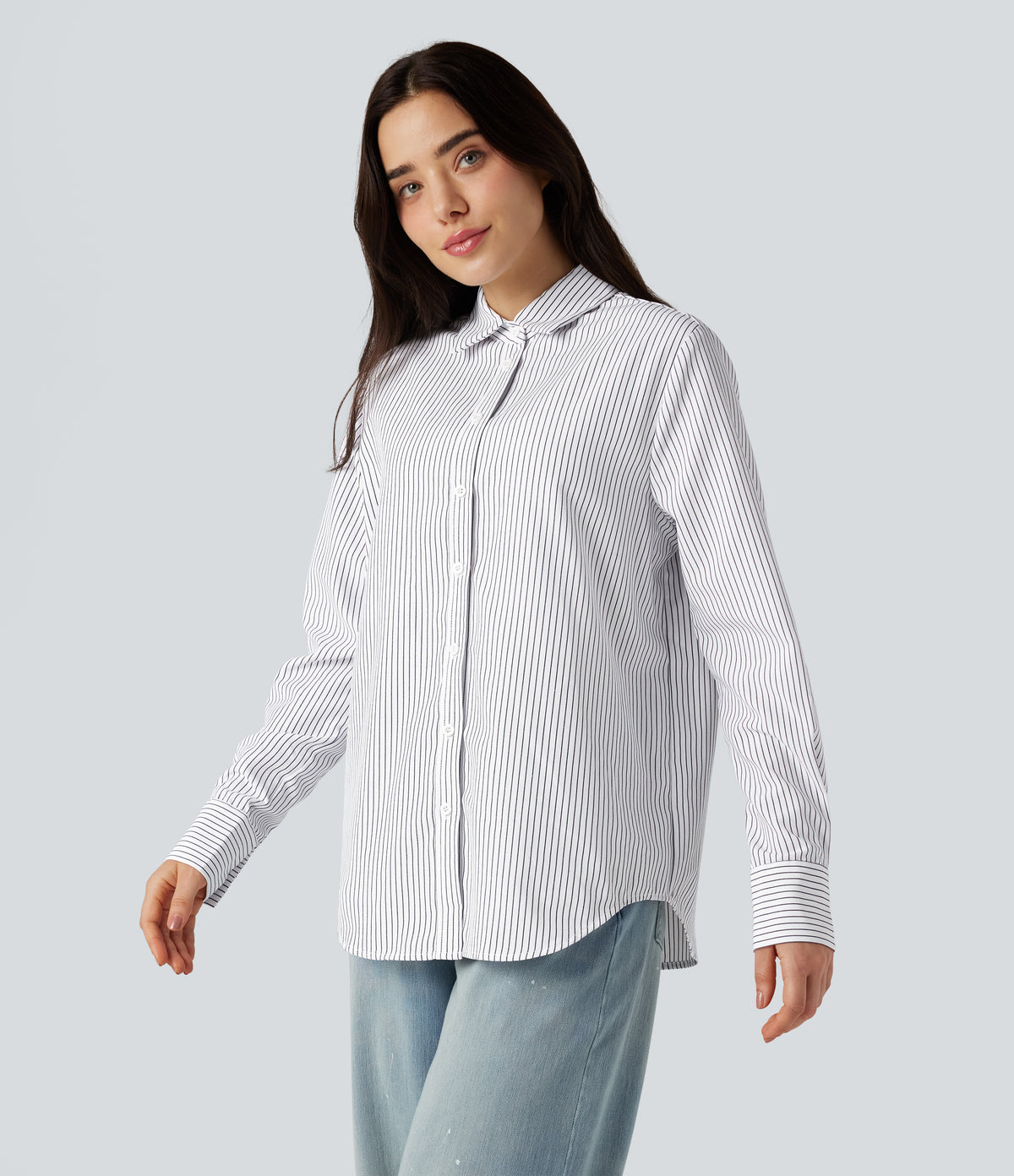 Collar Long Sleeve Curved Hem Stripes Relaxed Casual Shirt — Light Black White Stripe — view 8