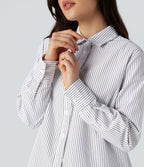 Collar Long Sleeve Curved Hem Stripes Relaxed Casual Shirt — Light Black White Stripe — view 4