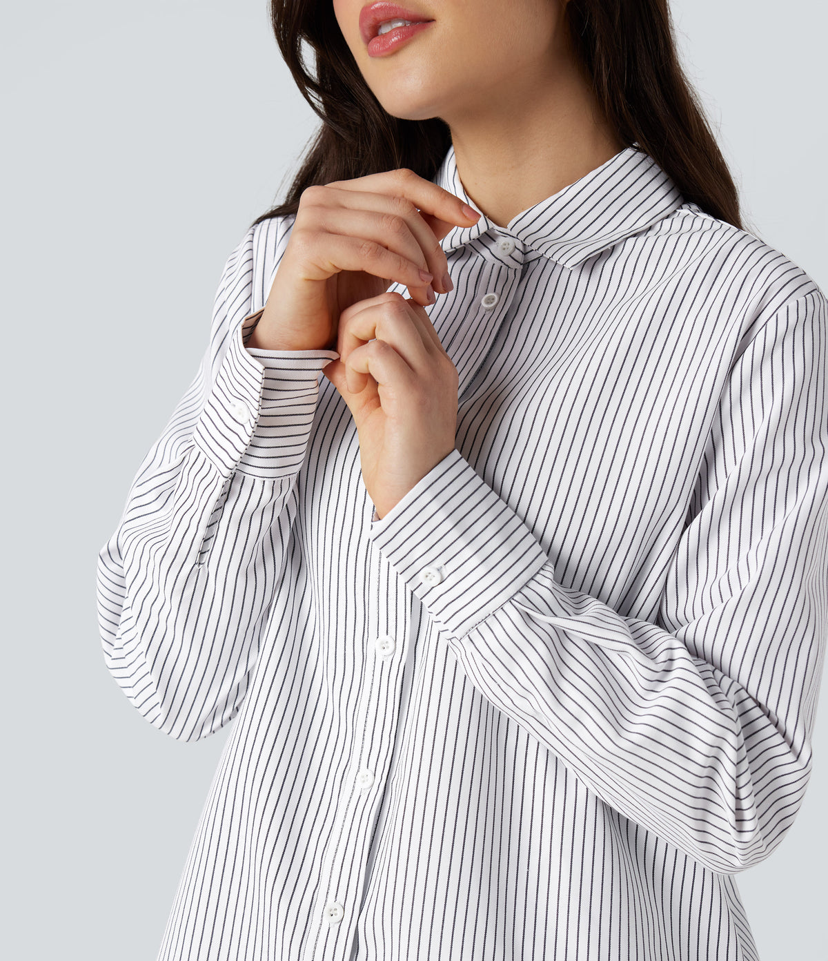Collar Long Sleeve Curved Hem Stripes Relaxed Casual Shirt — Light Black White Stripe — view 4