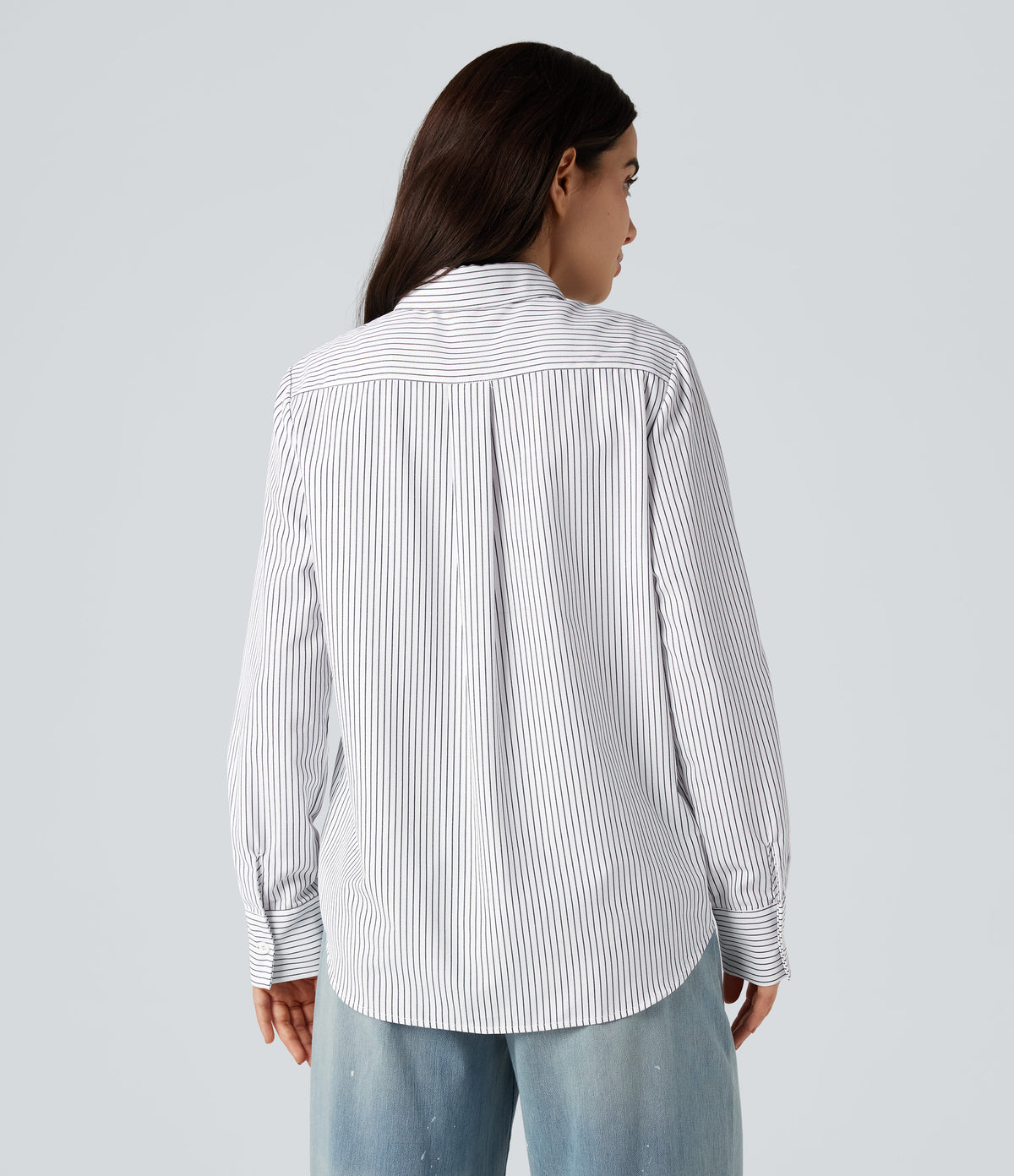 Collar Long Sleeve Curved Hem Stripes Relaxed Casual Shirt — Light Black White Stripe — view 2
