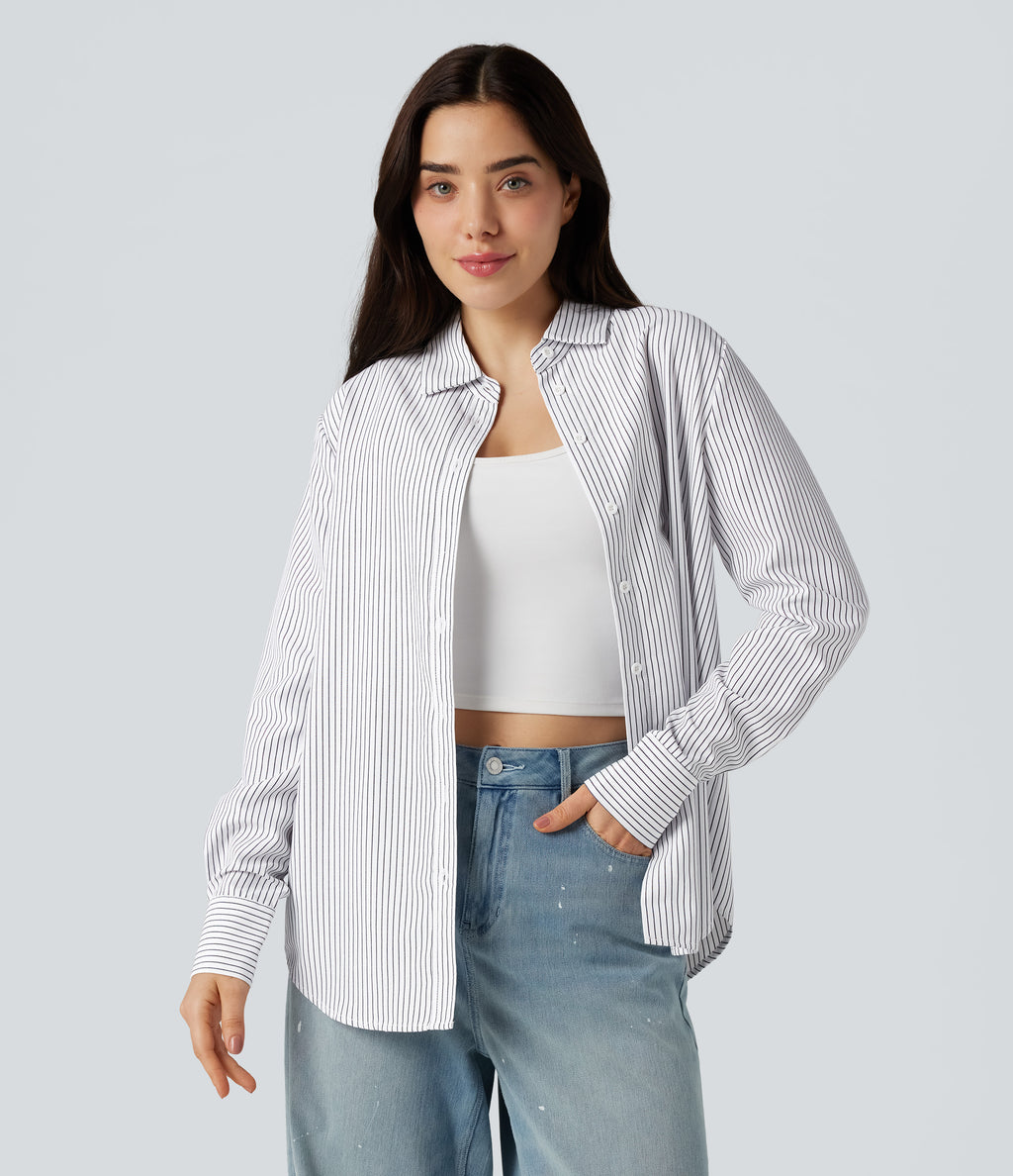 Collar Long Sleeve Curved Hem Stripes Relaxed Casual Shirt — Light Black White Stripe — view 7