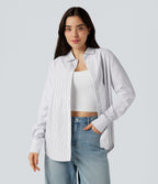 Collar Long Sleeve Curved Hem Stripes Relaxed Casual Shirt — Light Black White Stripe — view 7
