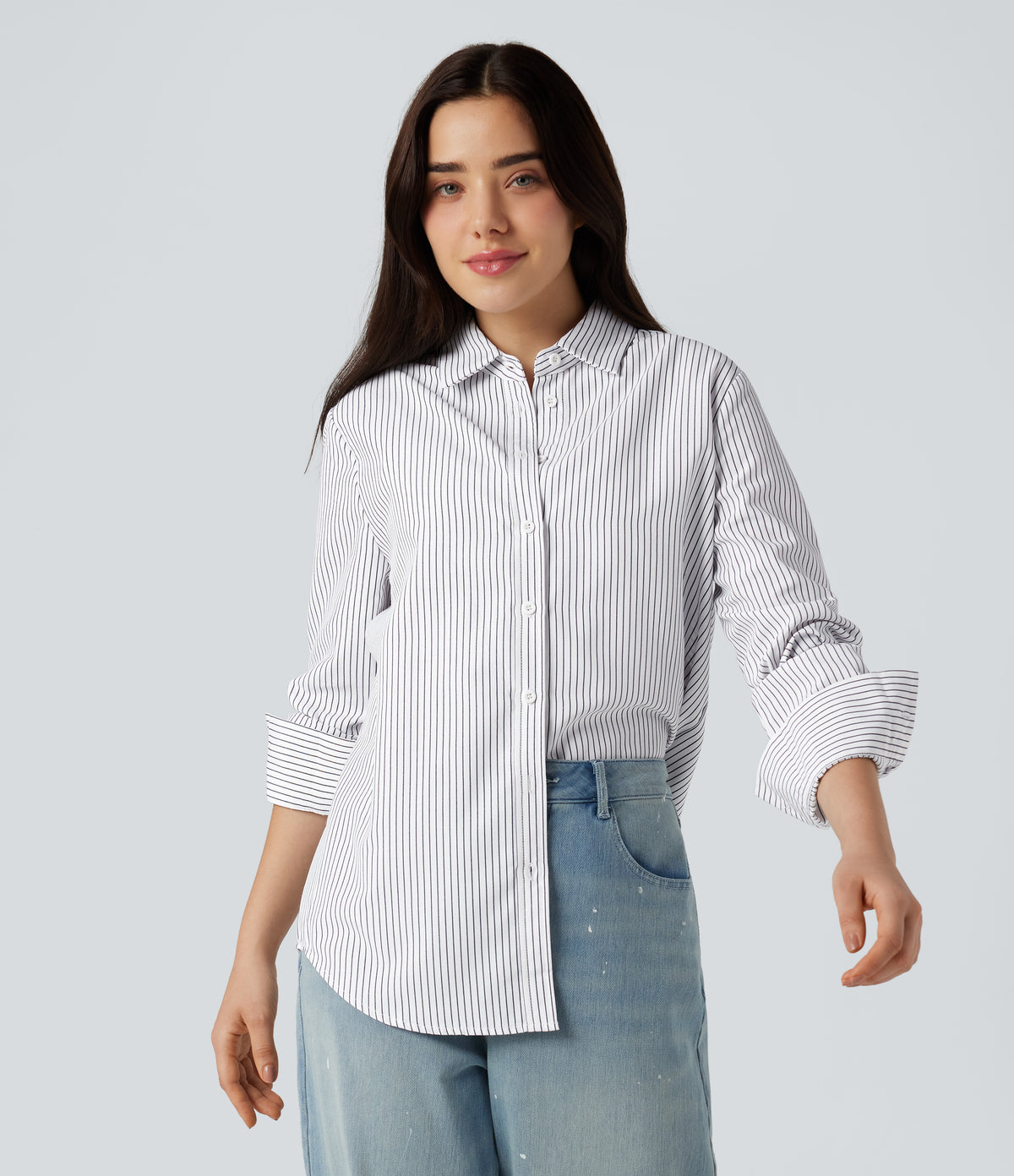 Collar Long Sleeve Curved Hem Stripes Relaxed Casual Shirt — Light Black White Stripe — view 1