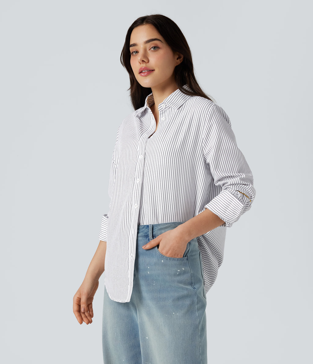 Collar Long Sleeve Curved Hem Stripes Relaxed Casual Shirt — Light Black White Stripe — view 3