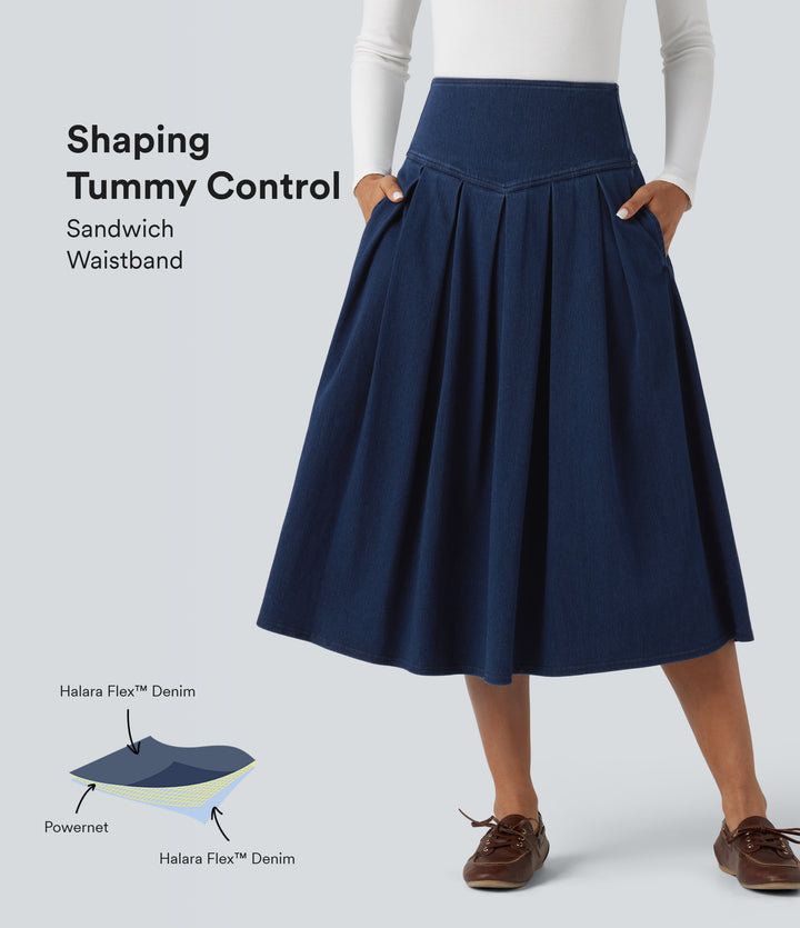High Waisted Tummy Control Pleated Midi Casual Denim Skirt with Pockets — Inkling Blue Denim — view 1