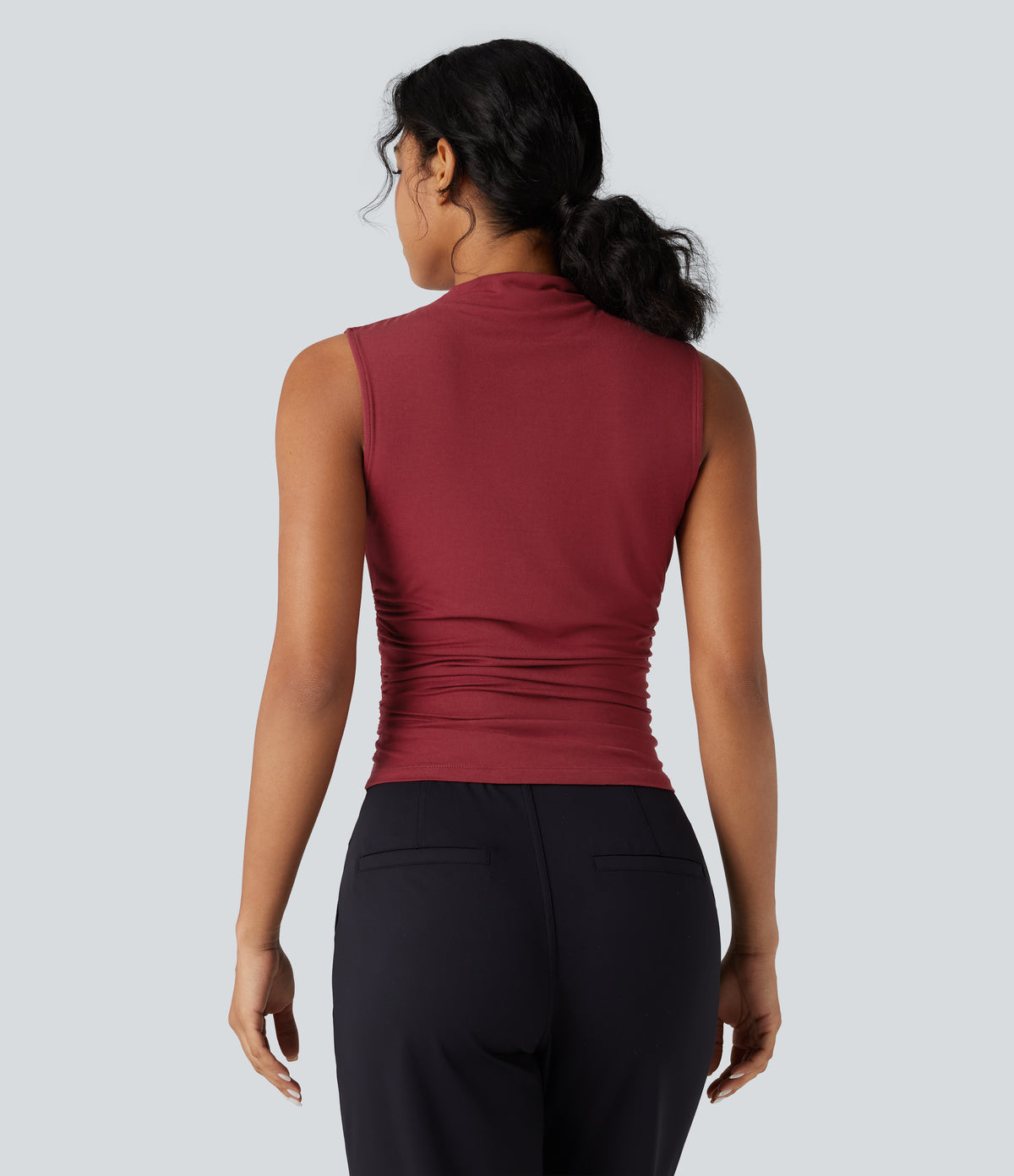 Mock-neck Sleeveless Ruched Work Top — Merlot — view 3