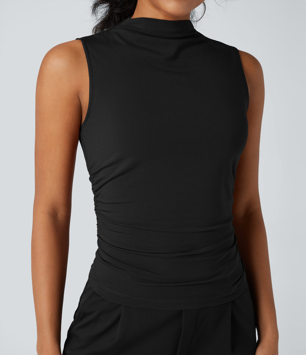 Mock-neck Sleeveless Ruched Work Top — Black — view 6