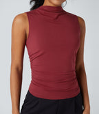 Mock-neck Sleeveless Ruched Work Top — Merlot — view 1