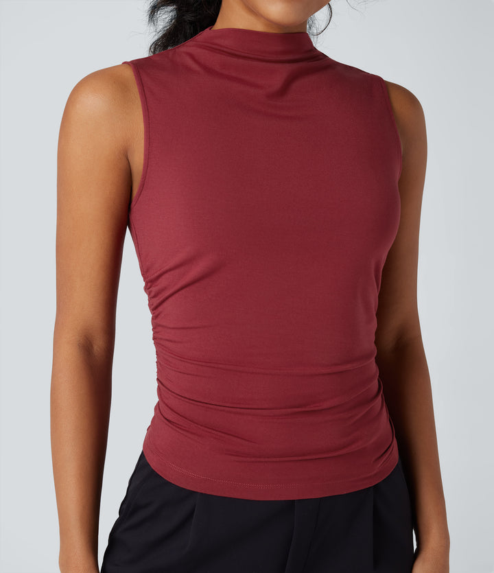 Mock-neck Sleeveless Ruched Work Top — Merlot — view 1