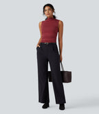 Mock-neck Sleeveless Ruched Work Top — Merlot — view 5