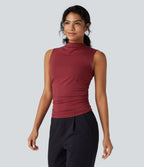 Mock-neck Sleeveless Ruched Work Top — Merlot — view 4