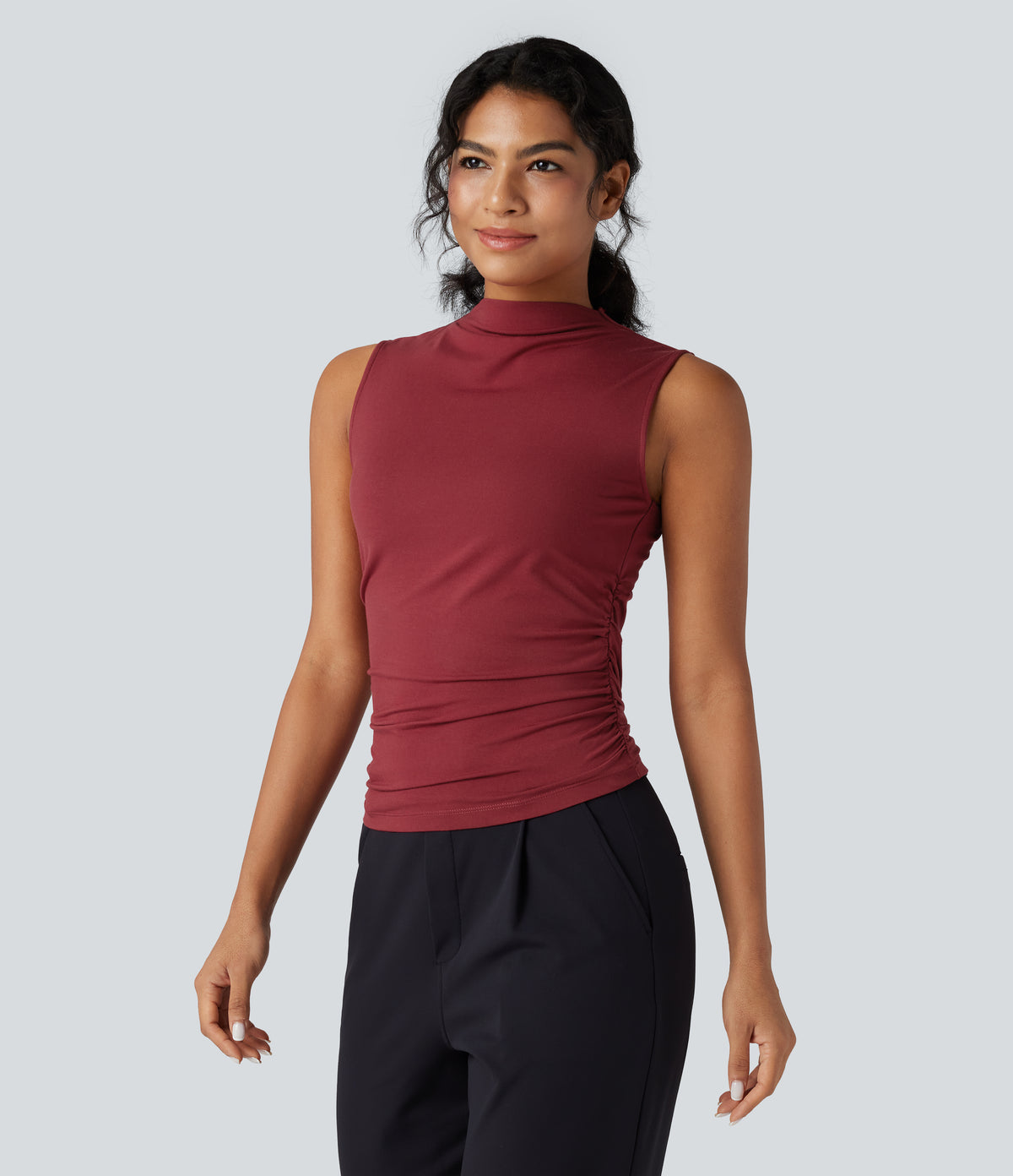 Mock-neck Sleeveless Ruched Work Top — Merlot — view 4