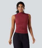 Mock-neck Sleeveless Ruched Work Top — Merlot — view 2