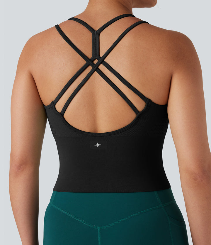 OneForm Seamless Flow Crisscross Backless Ruched Double Straps Yoga Tank Top-Longer Length — Black — view 1