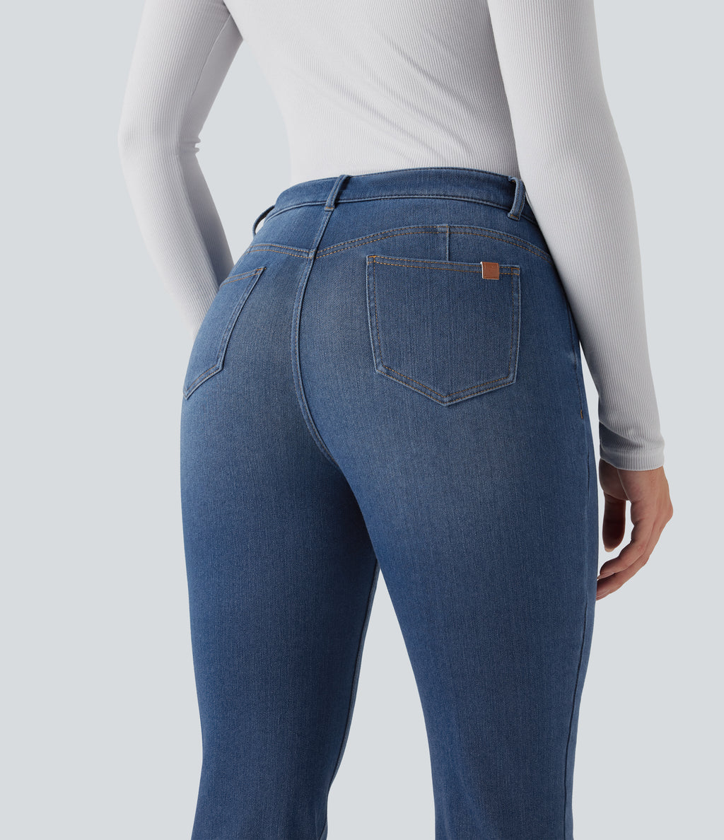 Denim Heat Mid Rise Casual Flare Jeans with Pockets — Tide Blue Denim — view 4