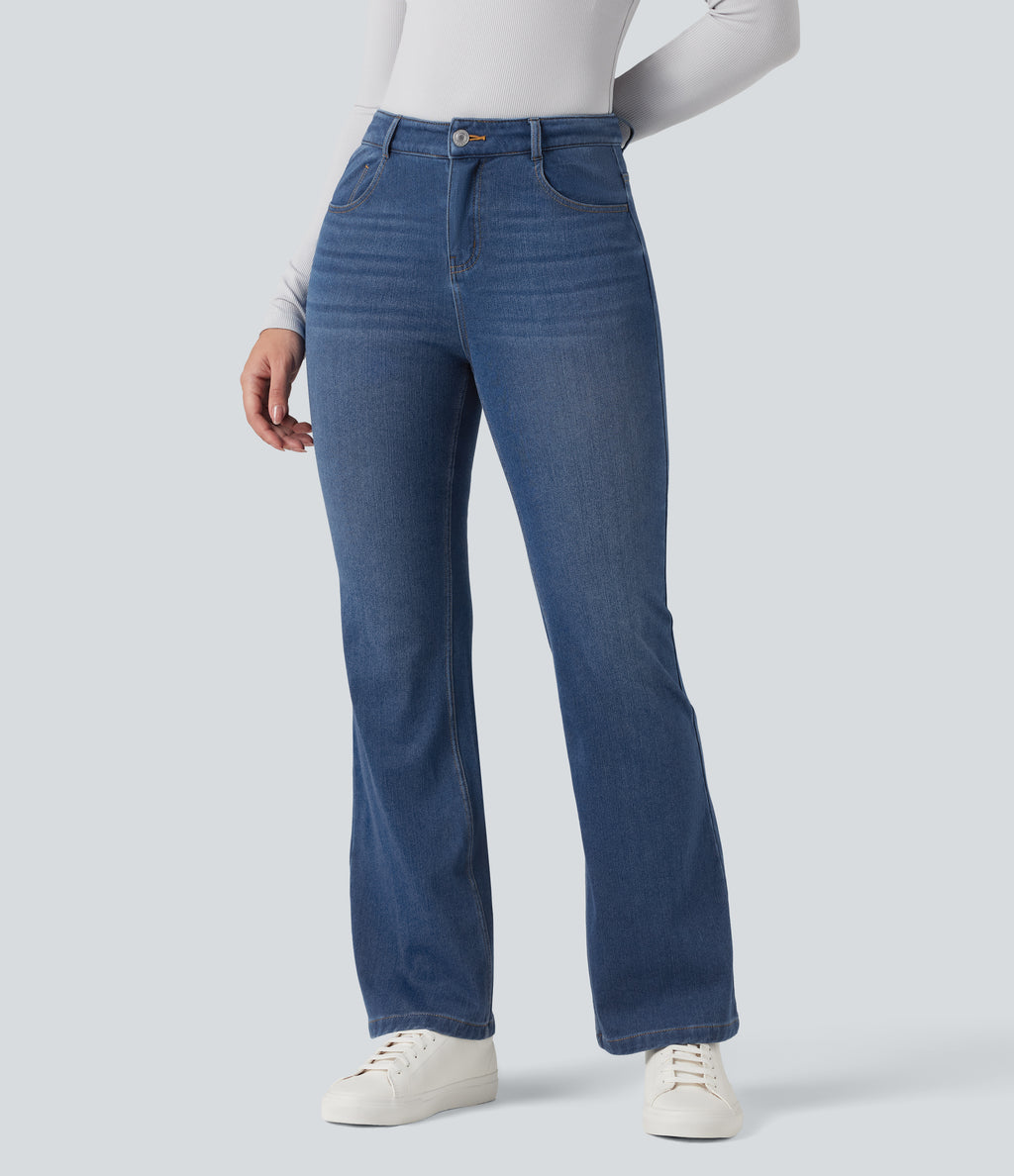 Denim Heat Mid Rise Casual Flare Jeans with Pockets — Tide Blue Denim — view 3
