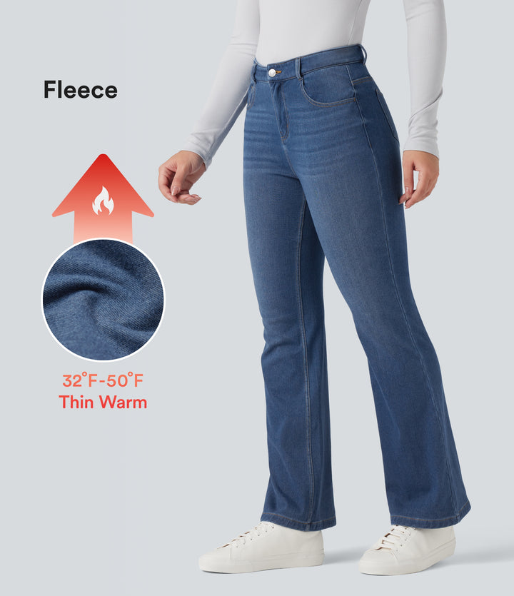 Denim Heat Mid Rise Casual Flare Jeans with Pockets — Tide Blue Denim — view 1