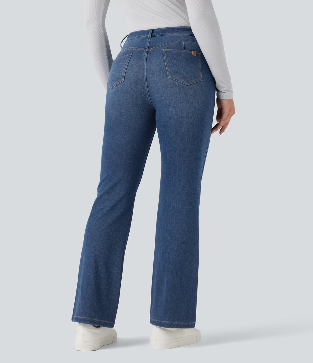 Denim Heat Mid Rise Casual Flare Jeans with Pockets — Tide Blue Denim — view 2