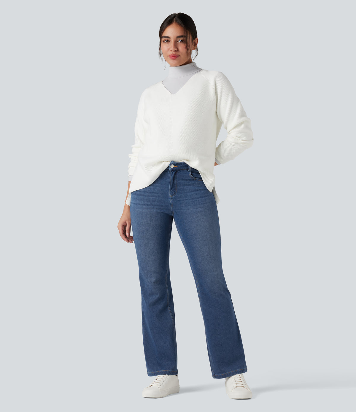 Denim Heat Mid Rise Casual Flare Jeans with Pockets — Tide Blue Denim — view 6