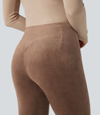 Ribbed Knit High Waisted Tummy Control Fleece Casual Flared Trousers — Pecan Pie — view 5