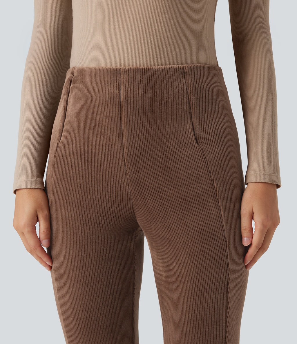 Ribbed Knit High Waisted Tummy Control Fleece Casual Flared Trousers — Pecan Pie — view 4