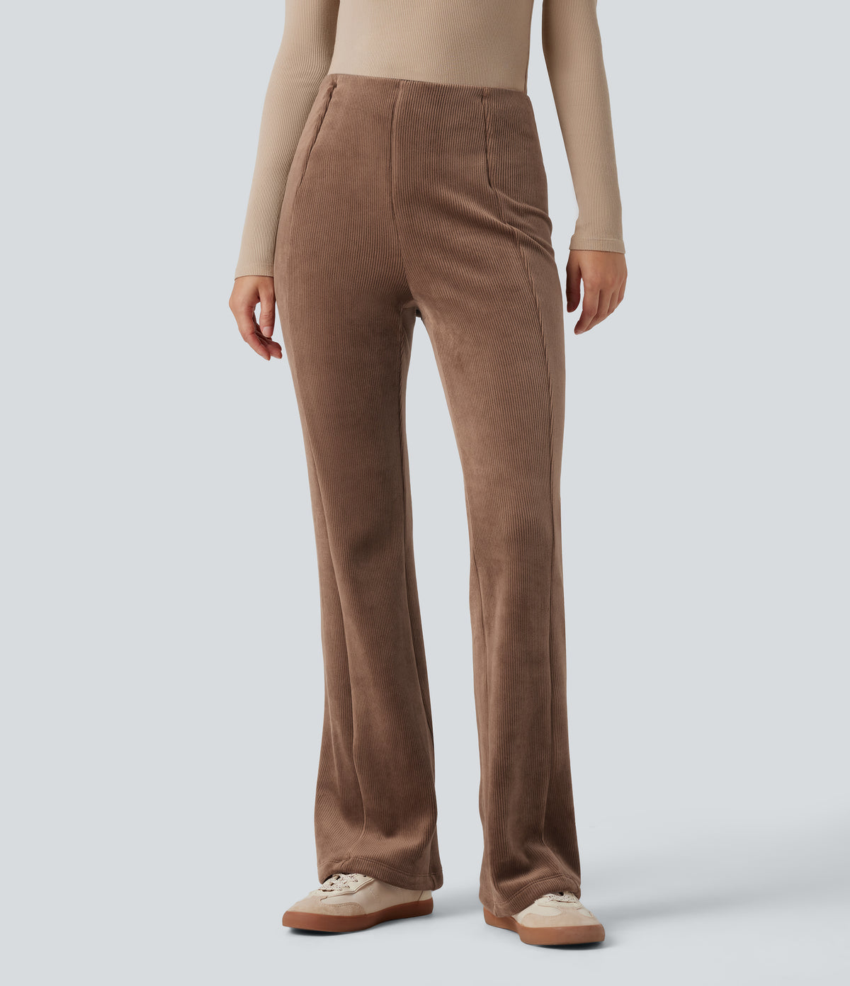 Ribbed Knit High Waisted Tummy Control Fleece Casual Flared Trousers — Pecan Pie — view 3